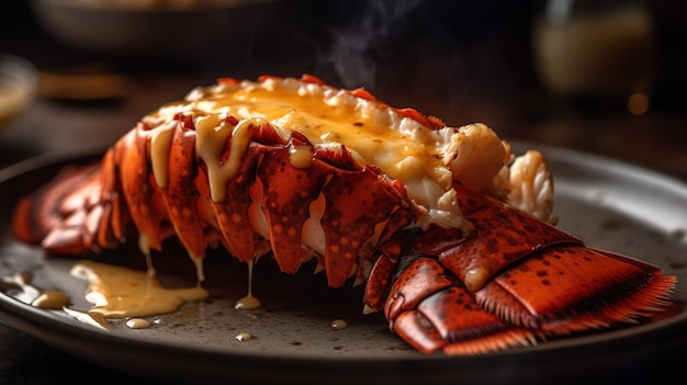 A lobster on a plate with a sauce on it