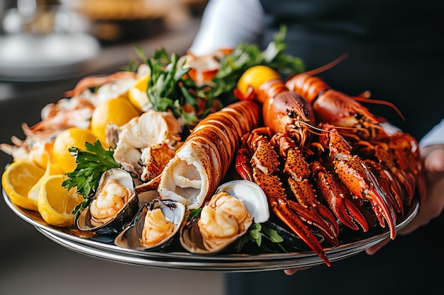 Photo lobster platter served with lemon garnish and fresh greens showcasing luxury seafood