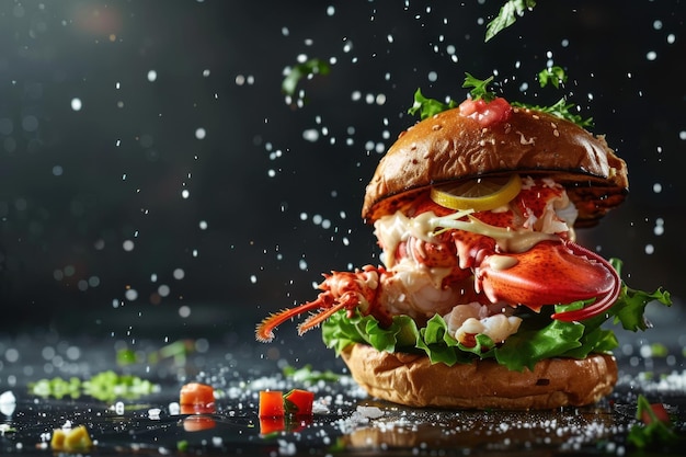 A lobster roll burger with a lobster patty lettuce and lemon aioli on a toasted roll ingredients