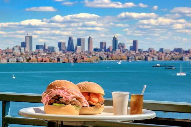 Lobster rolls in a chic rooftop setting with a stunning city skyline view