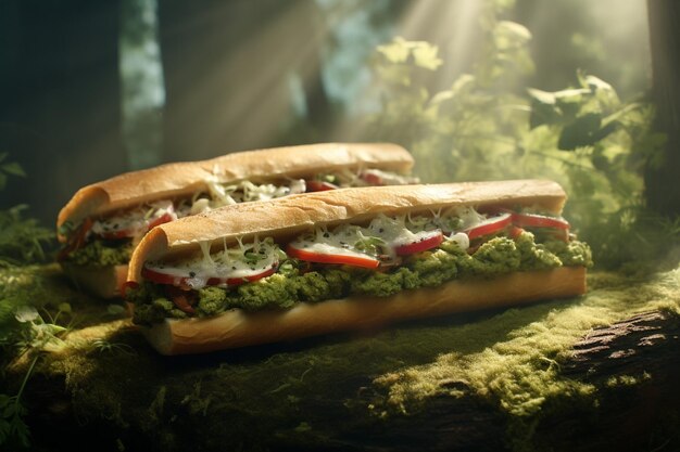 Photo lobster rolls in a whimsical forest setting with glowing moss and ethereal light