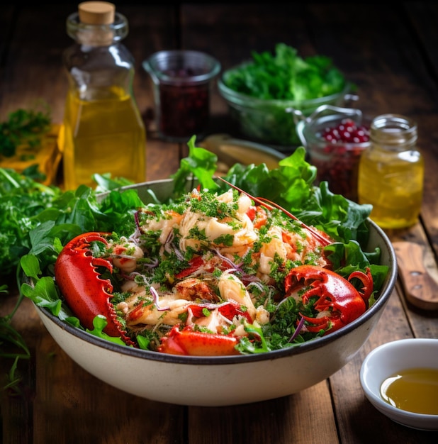 Lobster salad in a bowl made from grilled lobster tail and fresh lettuce and salad leaves with olive oil dressing on wooden background Crab meat salad close up Seafood concept