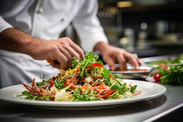 Lobster salad Chef's hands in the restaurant kitchen prepare lobster salad made from grilled lobster meat vegetables and olive oil dressing Crab meat salad in cooking process Seafood concept