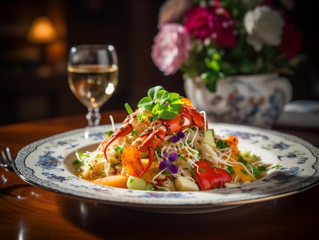 Lobster salad made from grilled lobster meat vegetables and olive oil dressing garnished with edible flowers Lobster restaurant dish Crab meat salad close up Seafood concept