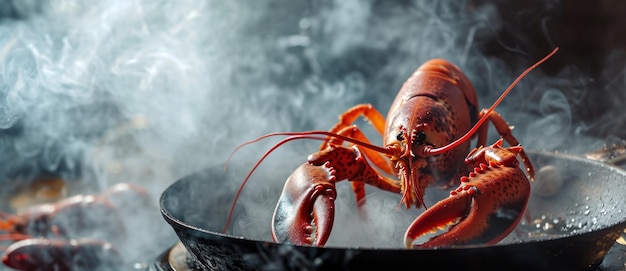 Lobster steaming in a pan a dramatic culinary scene