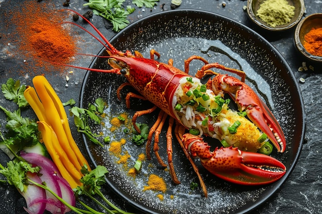 a lobster with a carrot and a bowl of vegetables