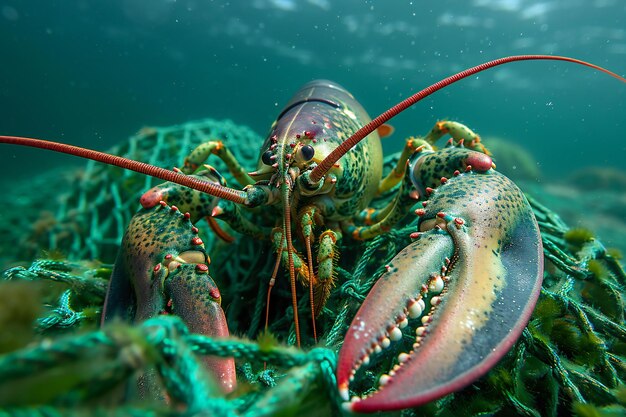 Photo a lobster with a large head is under water and has a large red crab on its back