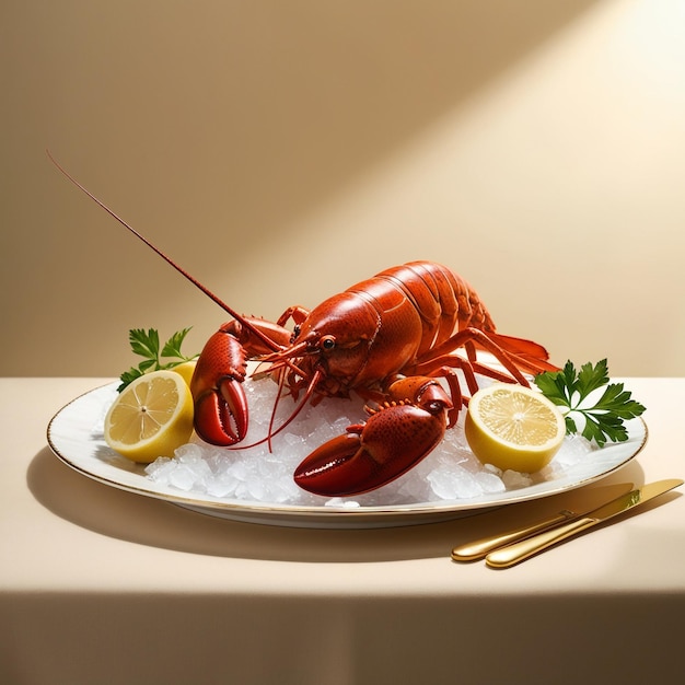 a lobster with lemon slices on a plate with a lemon wedge on it