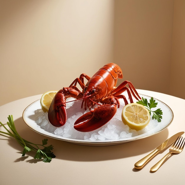 a lobster with lemon slices on a plate with a lemon wedge on it