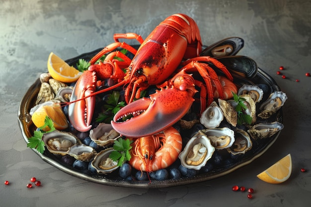 lobsters and seafood are displayed on a platter with a lemon wedge