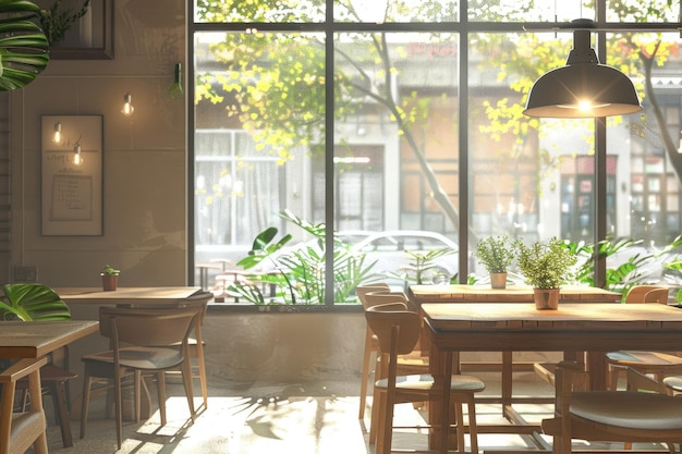 Local Canteen Interior with Wooden Chairs and Square Table