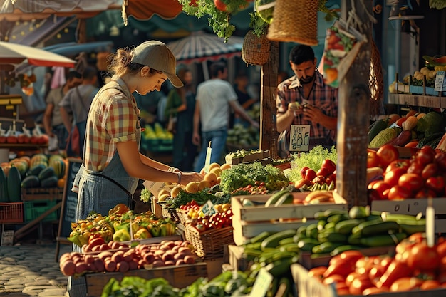 Local farmers arranging products at market stand selling ecofriendly produce