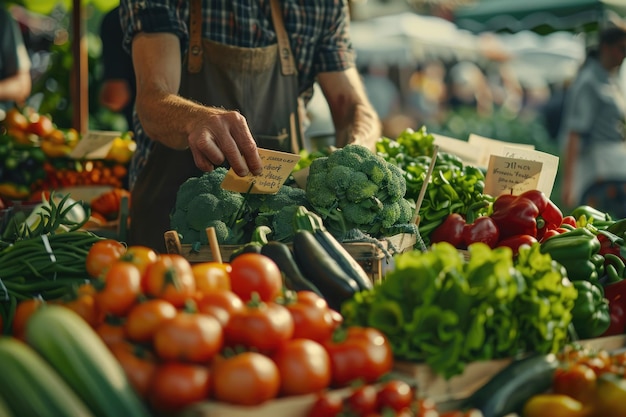 Local farmers arranging products at market stand selling ecofriendly produce