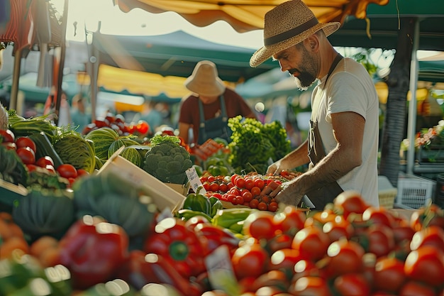 Local farmers arranging products at market stand selling ecofriendly produce