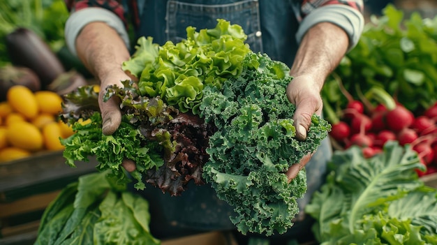 Local farmers proudly displaying their fresh greens and organic vegetables at a market emphasizing the farm to table concept with dedicated space for copy