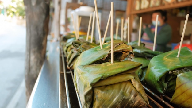 Local food in northern Thailand Made with minced pork and coconut milk wrapped in banana leaves