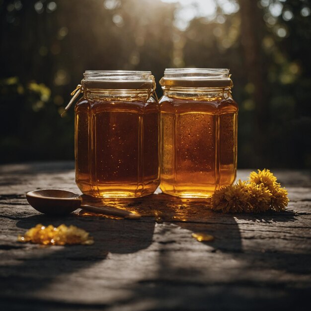 Photo local honey in a clear jar with a deep golden color ideal for your sweetening needs