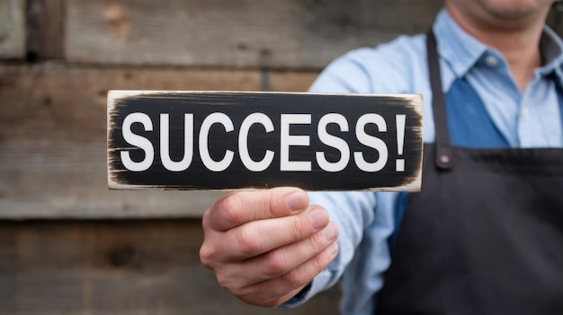 Photo local small business owner promotes saturday sale with a success sign on a rustic wooden background