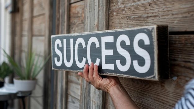 Photo local small business owner promotes saturday sale with a success sign on a rustic wooden background