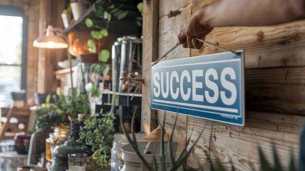 Photo local small business owner promotes saturday sale with a success sign on a rustic wooden background