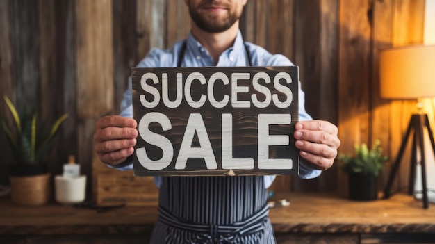 Photo local small business owner promotes saturday sale with a success sign on a rustic wooden background