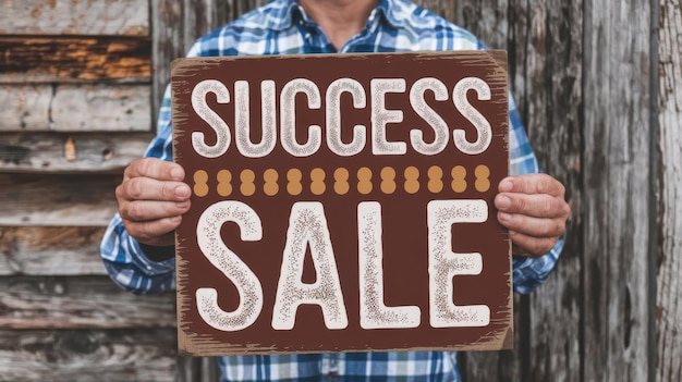 Photo local small business owner promotes saturday sale with a success sign on a rustic wooden background