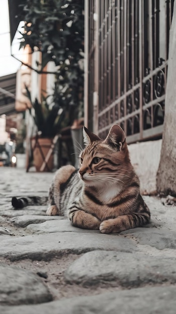 Photo local stray cat with stripes resting on the turkish street in the daylight and looking confidently