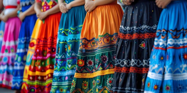 Locals wear colorful handmade skirts with embroidered symbols at Corpus Christi parade Concept Mexican Culture Handmade Fashion Embroidered Skirts Corpus Christi Parade