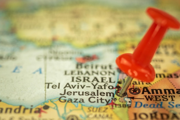 Location Jerusalem in Israel travel map with push pin point marker closeup Asia journey concept