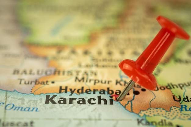 Location Karachi in Pakistan travel map with push pin point marker closeup Asia journey concept