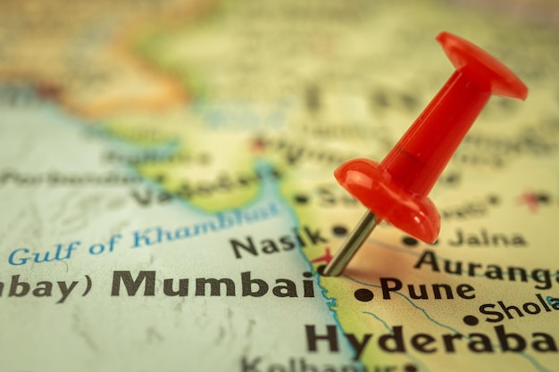 Location Mumbai in India travel map with push pin point marker closeup Asia journey concept