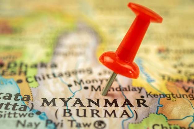 Location Myanmar Burma travel map with push pin point marker closeup Asia journey concept