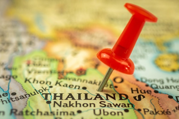 Location Thailand travel map with push pin point marker closeup Asia journey concept