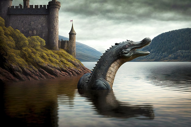 Loch Ness monster in lake on background of medieval castle