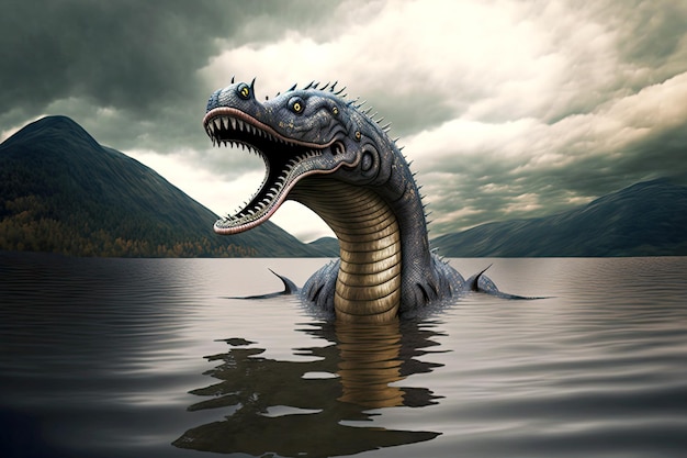 Loch Ness monster spreading its mouth and floating on lake