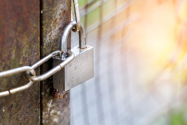 Lock on a chain hangs on a gate