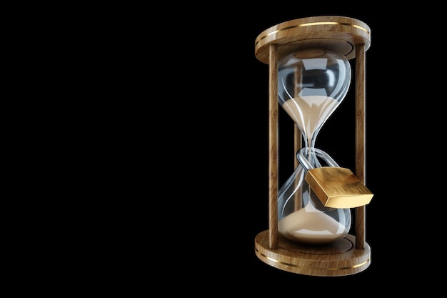 Lock hangs on the Classic Hourglass Prison concept life sentence time stolen 3D illustration 3D rendering