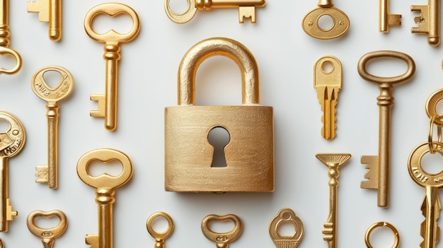 Photo lock surrounded by black and one golden key security concept