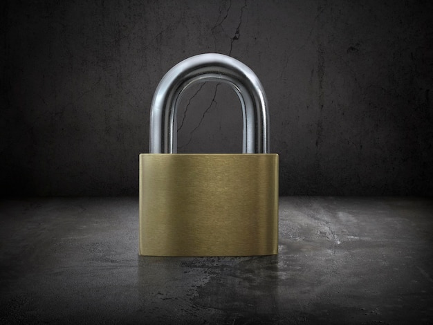 Locked Padlock on Cement floor and concrete old Wall Background