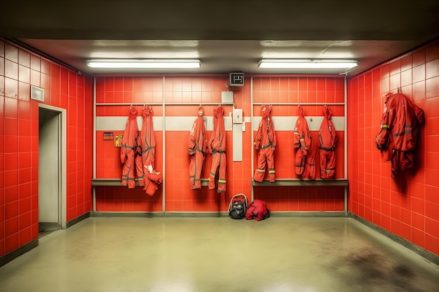 Locker room of a fire department with protection uniforms and helmets Neural network AI generated