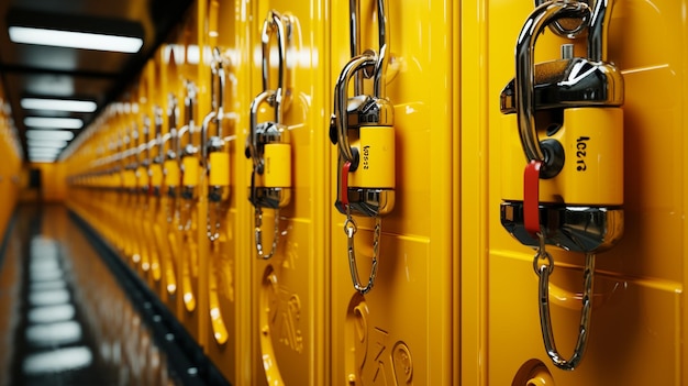 Locker room metal doors in a row yellow padlocks secure