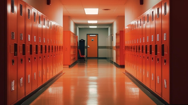 Lockers in a hallway with orange lockers