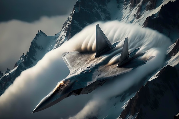 Lockheed Martin F22 breaks the sound barrier over the swiss alps sonic boom atmospheric lighting AIGenerated