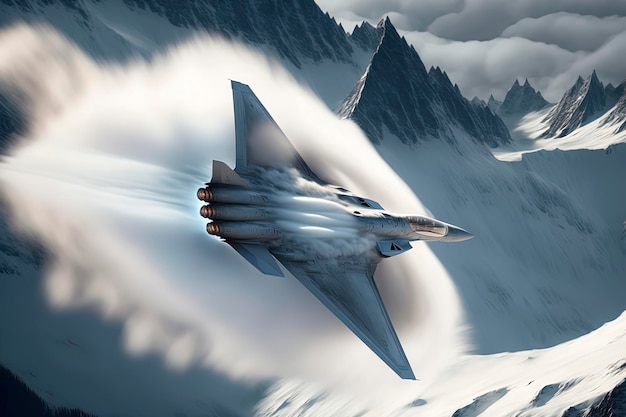 Lockheed Martin F22 breaks the sound barrier over the swiss alps sonic boom atmospheric lighting AIGenerated