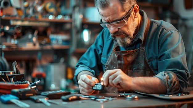 Locksmith with protective glasses working on small car key in a workshop with tools and equipment