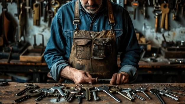 The locksmith working in the workshop filled with the keys and work tool aig