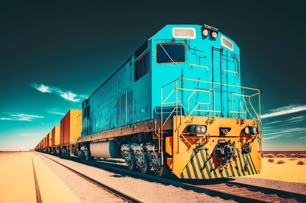 Locomotive pulls cargo train with wagons attached to it created with generative ai