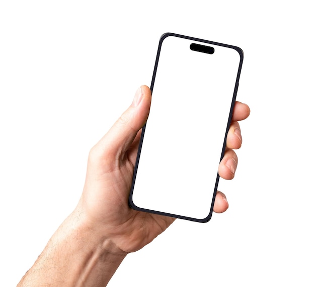 Lodz Poland March 07 2023 Mobile phone screen mockup in male hand Smartphone display mockup isolated on white background