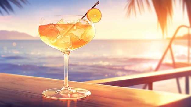 Lofi anime cocktail on a beach bar summer vibes illustration wallpaper background Generative AI