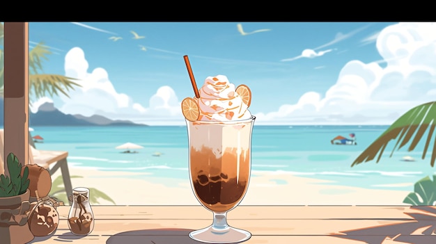 Lofi anime cocktail on a beach bar summer vibes illustration wallpaper background Generative AI